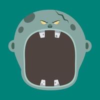 grote grijze zombie karakter hoofd en open mond, vector en illustratie.