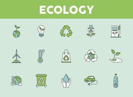 vijftien ecologie natuur iconen vector