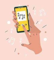 hand met behulp van smartphone luisteren muziek vector