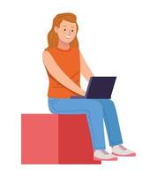 vrouw zittend met behulp van laptop vector