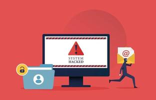 hacker die gevoelige gegevens steelt. waarschuwing voor een gehackt systeem. phishing en cybercriminaliteit vectorillustratie