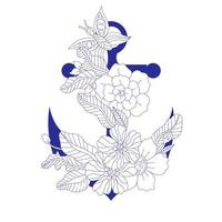 blauwe anker versierd met doodle Boheemse omtrek bloemen, geïsoleerd op een witte achtergrond, mariene concept. hand getekend vectorillustratie in vintage stijl. vector