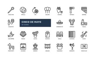 cinco de mayo Mexico feestelijk festival viering schets lijn icoon reeks vector