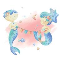 zeemeerminnen is een weinig meisje en jongen. waterverf illustratie hand- getrokken met pastel kleuren turkoois, blauw, koraal, roze. vooraf gemaakt samenstelling geïsoleerd van achtergrond vector