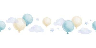 blauw, wit lucht ballonnen, wolken en sterren. waterverf geïsoleerd hand- getrokken naadloos grens. banier voor website, ansichtkaarten, decoratie van kinderen kamers en partij, baby douche en verjaardag kaarten vector
