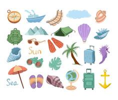 een schattig reeks van hand getekend reizen pictogrammen. badges voor toerisme en camping avonturen. een clip art met reizen elementen, Tassen, vervoer, kaart, palm boom, schelpen. vector