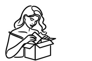 doorlopend een single zwart lijn tekening een vrouw Holding doos of Cadeau en opening een doos met duimen omhoog vector