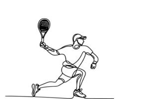 een doorlopend zwart lijn hand- tekening van Mens spelen tennis tekening lineair tekening Mens tekenfilm speler Aan wit. vector