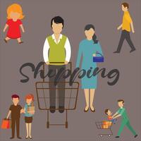 illustratie van een familie van mensen winkelen. vader, moeder en klein kind boodschappen doen en bezoekende supermarkt voor aankopen, kind met ouders Bij markt. vector