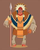 Amerikaans Indisch Mens in traditioneel kostuum. Indisch dik Mens. inheems Amerikaans stam vector