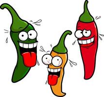 Mexicaans jalapeno paprika's. grappig tekenfilm heet Chili peper tekens in verschillend kleuren. vector