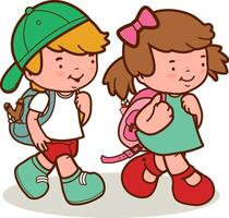 studenten wandelen naar school. gelukkig meisje en jongen gaan naar klasse Bij kleuterschool. vector