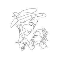 doorlopend lijn kunst van moederschap, baby bloemen, gelukkig moeder dag kaart, een lijn tekening, ouder en kind silhouet hand- getrokken. illustratie vector
