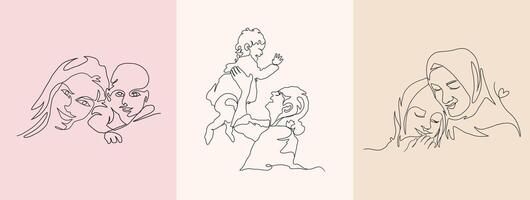 reeks van doorlopend lijn kunst van moederschap, gelukkig moeder dag, een lijn tekening, ouder en kind silhouet hand- getrokken. illustratie vector