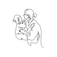 doorlopend lijn kunst van moederschap, dragen baby, gelukkig moeder dag kaart, een lijn tekening, ouder en kind silhouet hand- getrokken. illustratie vector