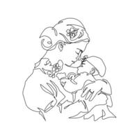 doorlopend lijn kunst van moederschap, baby bloemen, gelukkig moeder dag kaart, een lijn tekening, ouder en kind silhouet hand- getrokken. illustratie vector