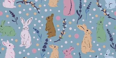 een patroon met konijnen en bloemen Aan blauw achtergrond vector