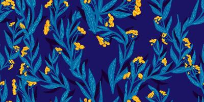 een blauw en geel bloemen patroon Aan een donker blauw achtergrond vector