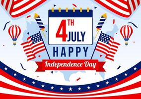 4e van juli gelukkig onafhankelijkheid dag Verenigde Staten van Amerika illustratie met Amerikaans vlag en ballonnen in vlak nationaal vakantie tekenfilm achtergrond ontwerp vector