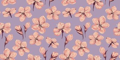 pastel Purper minimalistische wild bloesem bloemen en bloemknoppen naadloos patroon. hand- getrokken schetsen. artistiek abstract borstel bloemen afdrukken. illustratie sjabloon voor ontwerpen, kleding stof, mode vector