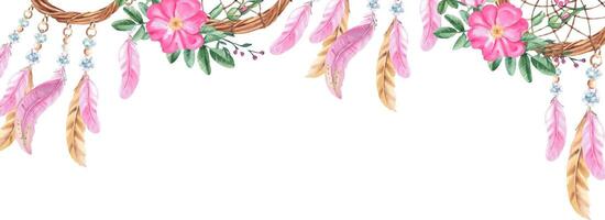 droom vanger banier met kralen, Kristallen, hond roos bloemen en roze en beige veren. waterverf horizontaal kader, grens. hand- getrokken illustratie. perfect net zo een web banier, kaart en uitnodiging vector