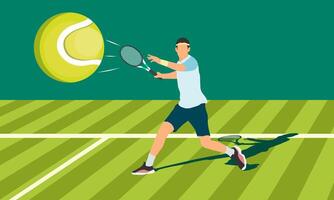 mannetje tennis speler Aan tennis rechtbank. tennis speler Mens met racket hits de bal. vector