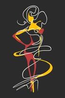minimalistische lijn kunst van een vrouw silhouet met rood en geel accenten Aan donker backdrop vector