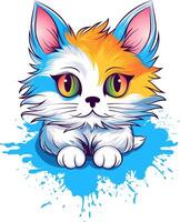 kat met groot expressief ogen - kat met een kleurrijk gezicht zittend Aan een blauw oppervlak, illustratie vector