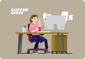 jong werken meisje nemen een breken drinken koffie Aan haar bureau na af hebben taak vector