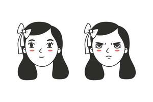 meisje gezicht met verschillend emoties in een tekening stijl. vector
