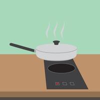 elektrisch fornuis met pot Aan de keuken balie. inductie Koken paneel, zwart keramisch kookplaat Aan tafel. vector