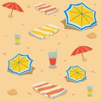 naadloos strand patroon. strand paraplu en handdoek met drinken in glas Aan zand. vlak ontwerp stijl. zomer achtergrond. vector