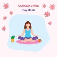 coronavirus het uitbreken concept. een meisje zit in een meditatie houding. covid-19 virus in lucht. blijven huis met zelf quarantaine. vector