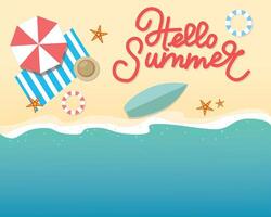 Hallo zomer concept illustratie. top visie van strand. sjabloon voor poster, banier, kaart, folder enz. vector