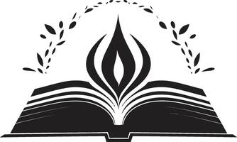noir kennis embleem strak zwart logo met Open boek illustratie elegant boek onthulling donker ontwerp met ingewikkeld boek kunst vector