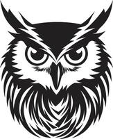 donker nocturne strak zwart embleem met uil icoon mystiek uil symbool hedendaags logo ontwerp vector