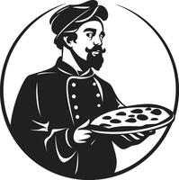 smaakvol vakmanschap minimalistisch logo voor modern pizzeria ambachtelijk pizzaiolo ingewikkeld zwart embleem met strak pizza silhouet vector