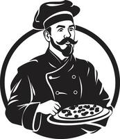 culinaire maestro minimalistisch zwart embleem voor een modern pizzeria kijken ambachtelijk deeg meester elegant logo met koks tintje vector