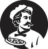 culinaire kunst embleem elegant logo met ingewikkeld pizza chef hartig plak ontketend donker icoon illustratie voor modern branding vector