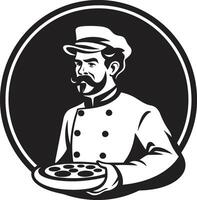 hartig plak ontketend donker icoon illustratie voor modern branding pizza chef meesterschap chique zwart embleem met strak culinaire ontwerp vector