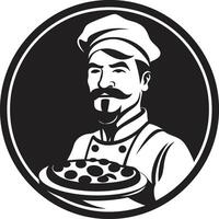 fijnproever taart icoon chique illustratie met elegant pizza chef hoed pizza genot maestro strak zwart logo voor een boeiend pizzeria vector