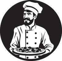 pizza genot maestro strak zwart logo voor een boeiend pizzeria peperoni passie ingewikkeld embleem met noir pizzaiolo tintje vector