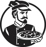 ambachtelijk pizzaiolo ingewikkeld zwart embleem met strak pizza silhouet peperoni passie elegant illustratie voor opvallend branding vector