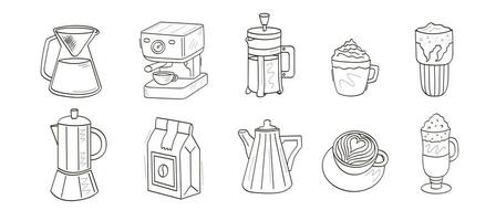 koffie, koffie pot, koffie machine, latte, cappuccino, glas. schattig tekening schets pictogrammen voor koffie. vector