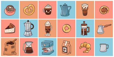 koffie verzameling, verschillend koffie elementen Aan pastel plein achtergrond. schattig tekenfilm pictogrammen in tekening stijl. illustratie voor bakkerij of koffie huis. vector