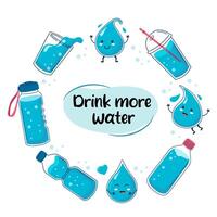 concept drinken meer water. water in glas, plastic fles, thermosfles. verzameling van schattig water tekenfilm druppels tekens vector