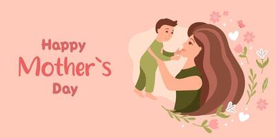 gelukkig moeder dag banier sjabloon. moeder met baby, voorjaar bloemen. kleur groet kaart. vector