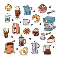 koffie verzameling, verschillend koffie elementen. schattig tekenfilm pictogrammen in tekening stijl. illustratie voor bakkerij of koffie huis. vector