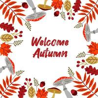 herfst groet kaart grens kader. kleurrijk herfst bladeren, champignons en bessen. decoratief groet kaart. vector