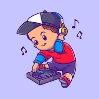 schattig jongen spelen dj muziek- tekenfilm vector